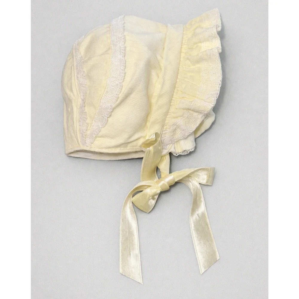 Vintage 1960s Baby Bonnet Yellow Lace Ribbon Infant Hat Heirloom Nursery Decor